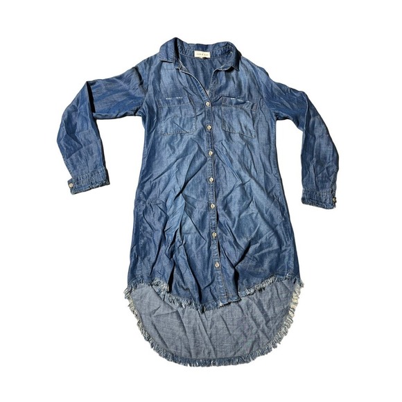 Anthropologie Cloth & Stone Women’s Classic Denim Shirt Dress Fringe Hem XS soft - Picture 1 of 8
